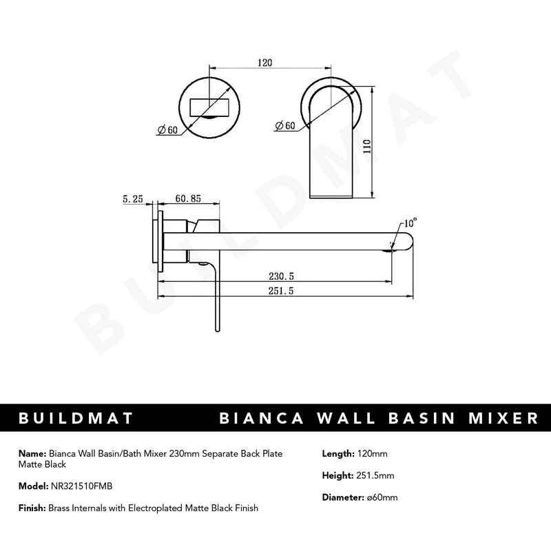 Bianca Wall Basin/Bath Mixer Separate Back Plate 230mm Matte Black