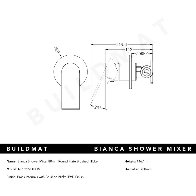 Bianca Shower Mixer with 80mm Round Plate Brushed Nickel