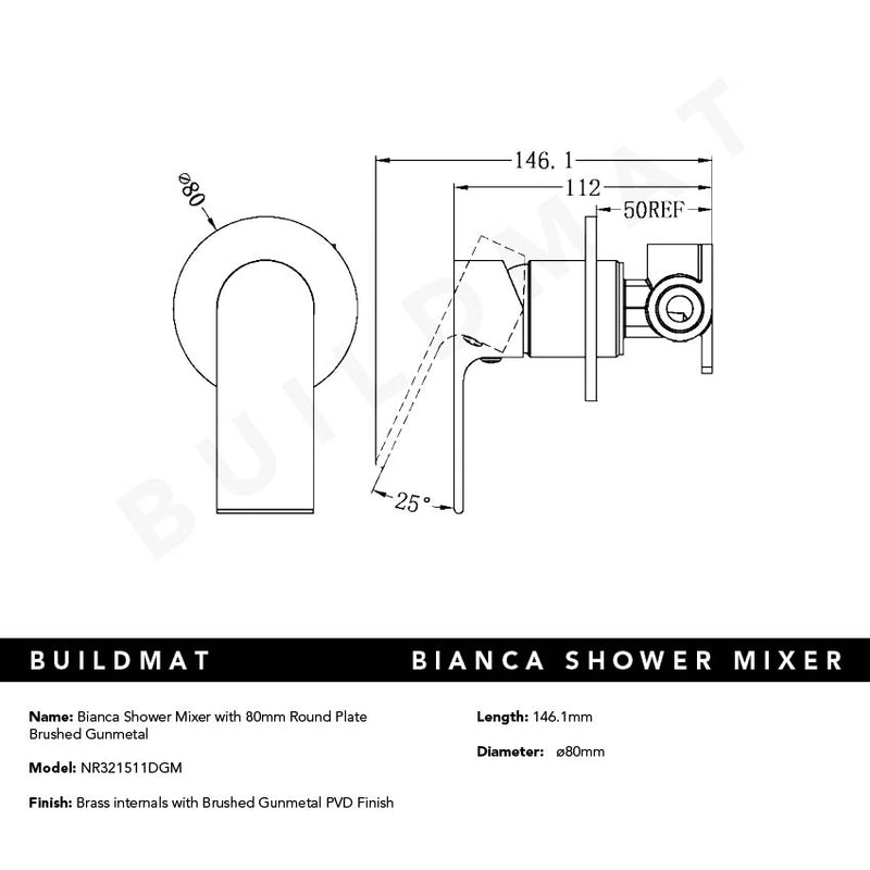 Bianca Shower Mixer with 80mm Round Plate Gunmetal