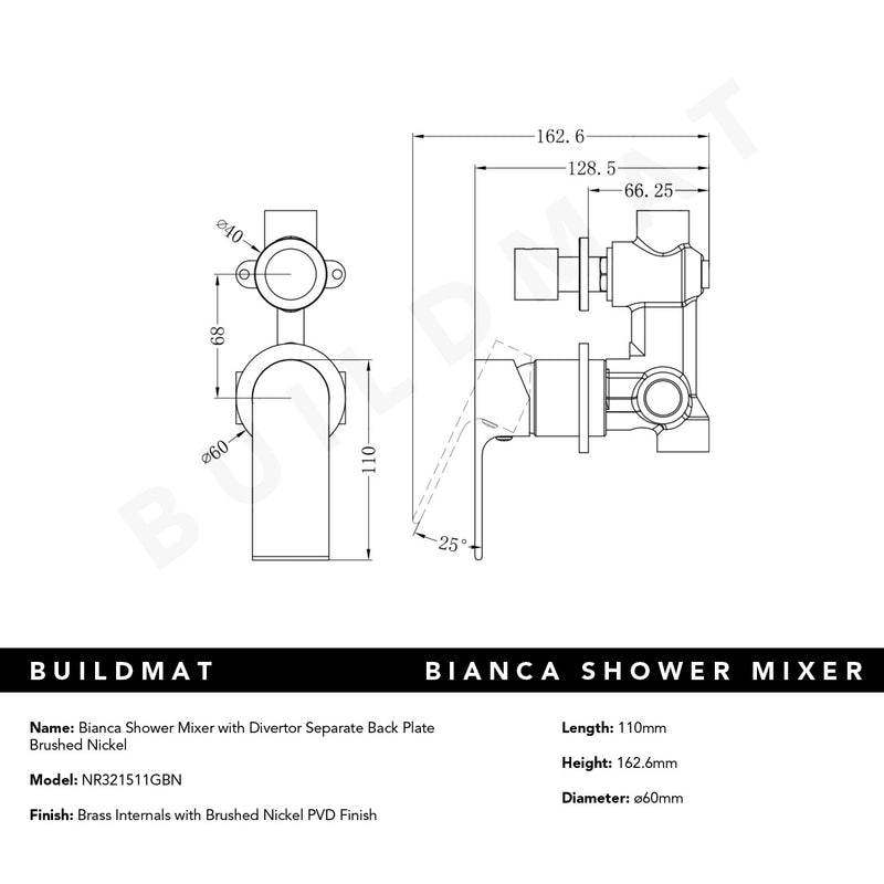 Bianca Shower Mixer with Divertor Separate Back Plate Brushed Nickel