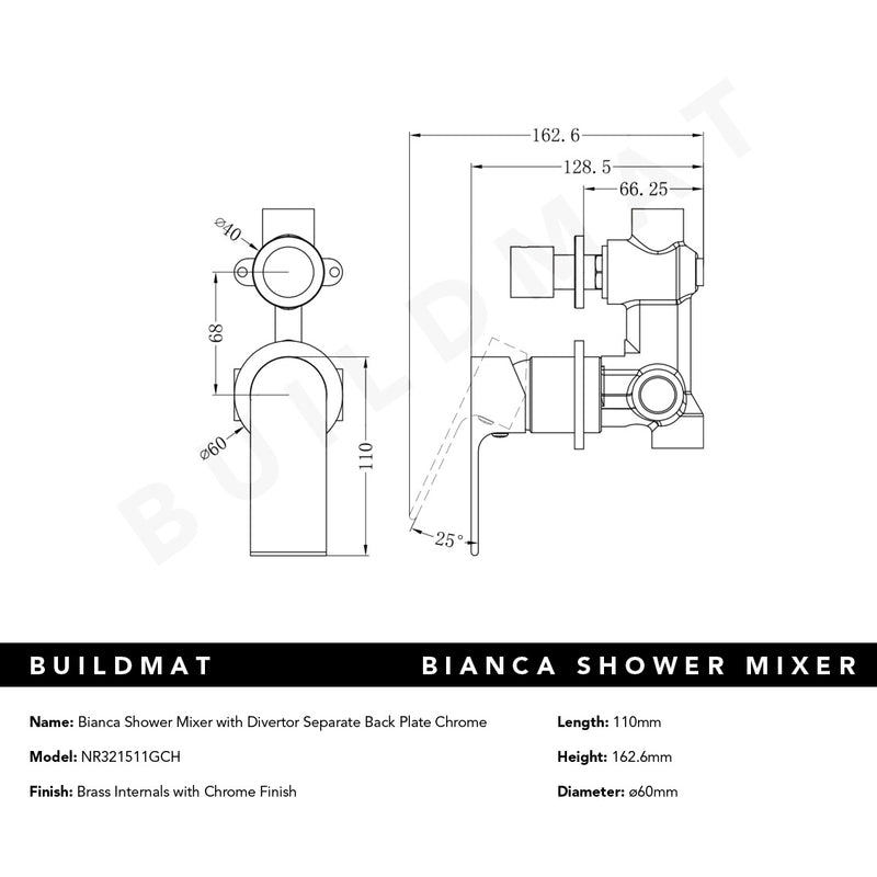 Bianca Shower Mixer with Divertor Separate Back Plate Chrome