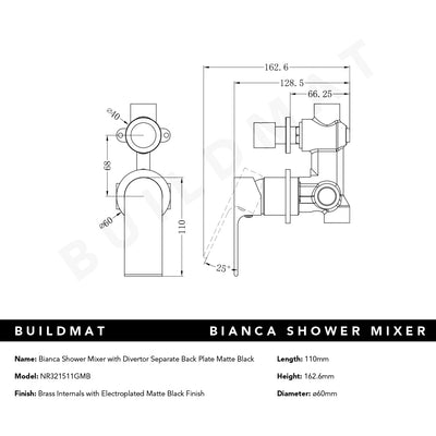 Bianca Shower Mixer with Divertor Separate Back Plate Matte Black