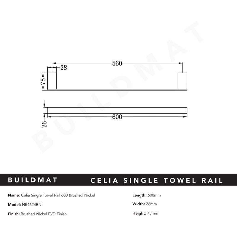 Celia Single Towel Rail 600mm Brushed Nickel