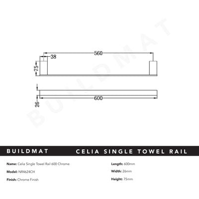 Celia Single Towel Rail 600mm Chrome