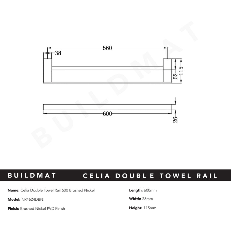 Celia Double Towel Rail 600mm Brushed Nickel