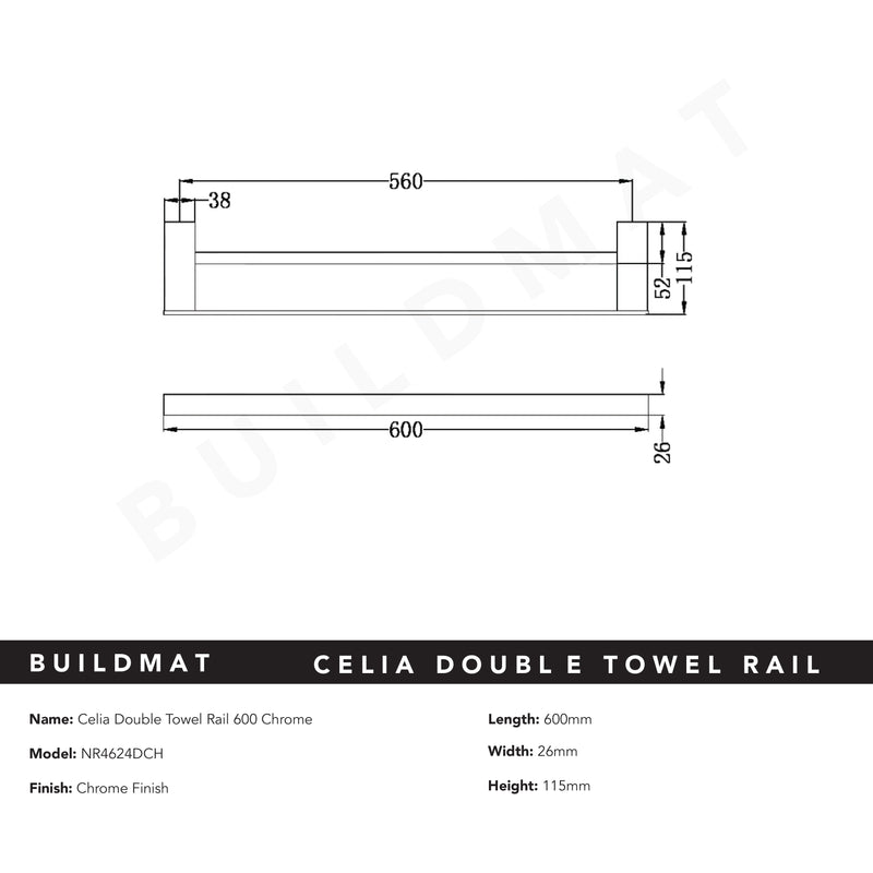 Celia Double Towel Rail 600mm Chrome