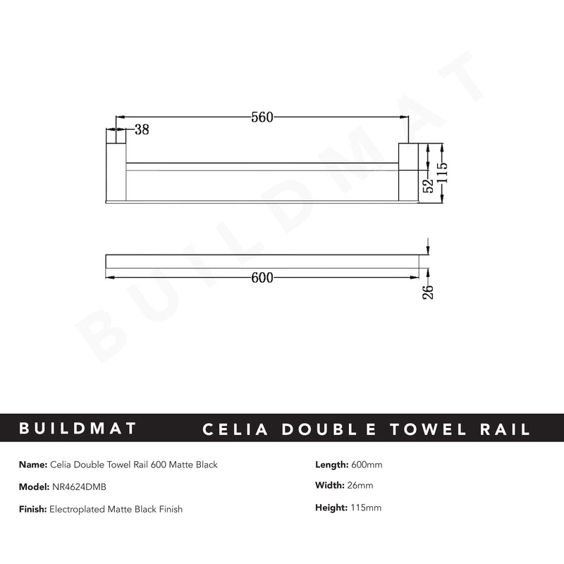Celia Double Towel Rail 600mm Matte Black