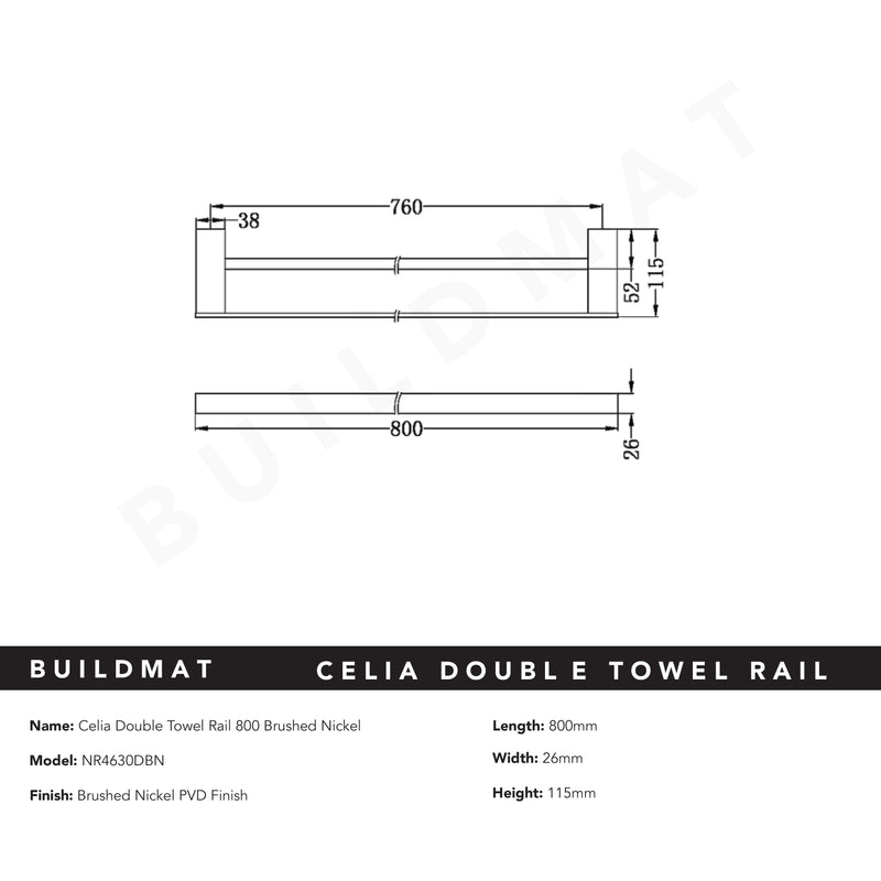Celia Double Towel Rail 800mm Brushed Nickel