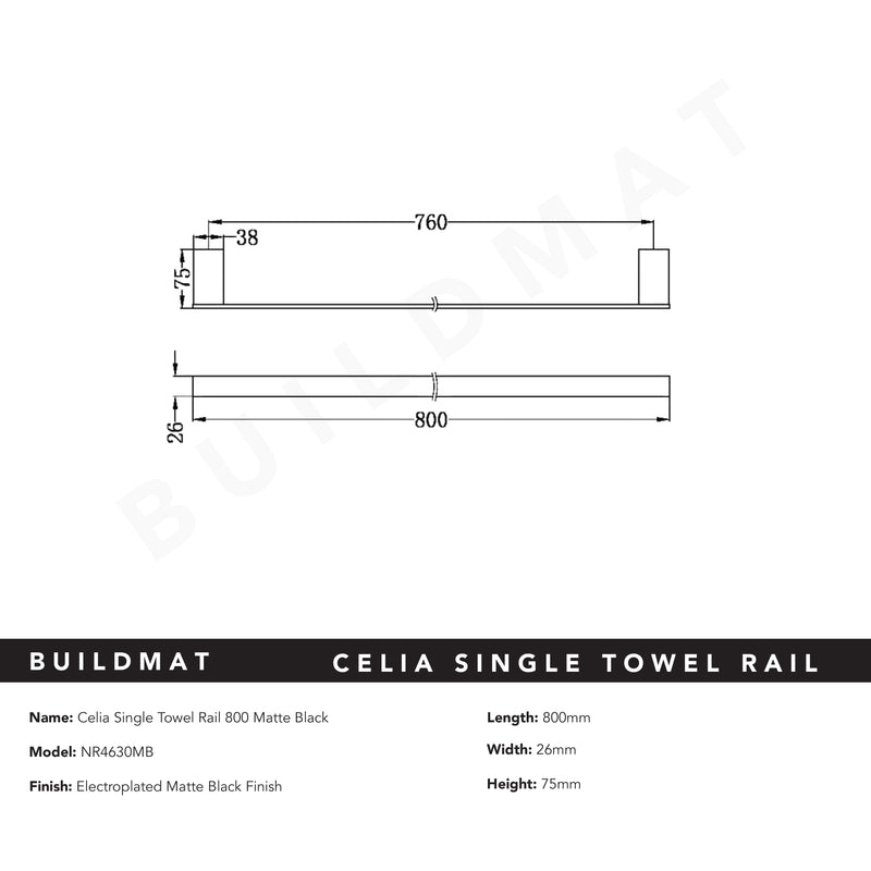 Celia Single Towel Rail 800mm Matte Black