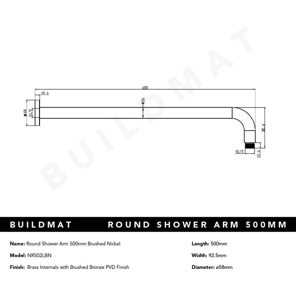 Nero Round Shower Arm 500mm Brushed Nickel