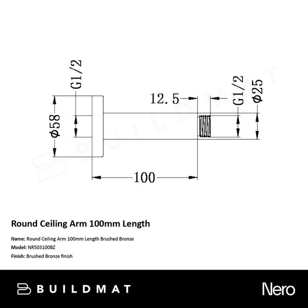 Nero Round Ceiling Arm 100mm Brushed Bronze