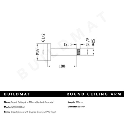 Round Ceiling Arm 100mm Brushed Gunmetal