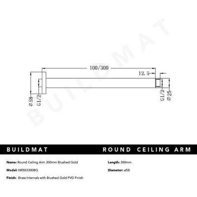 Round Ceiling Arm 300mm Brushed Gold