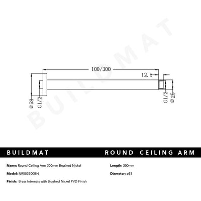 Round Ceiling Arm 300mm Brushed Nickel