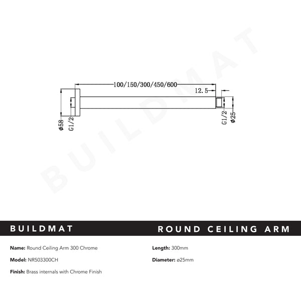 Nero Round Ceiling Arm 300mm Chrome