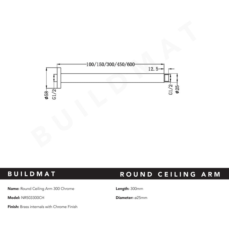 Round Ceiling Arm 300mm Chrome