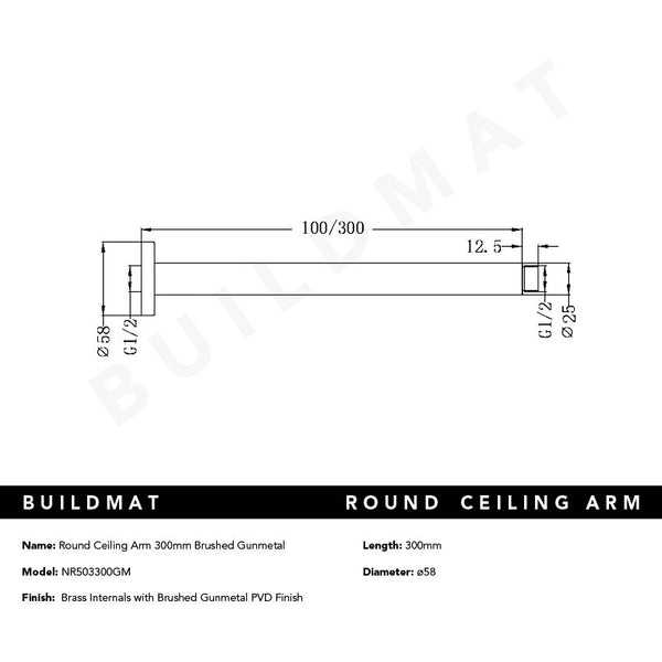 Nero Round Ceiling Arm 300mm Gunmetal