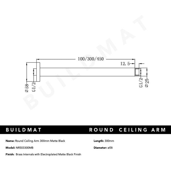 Nero Round Ceiling Arm 300mm Matte Black