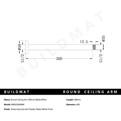 Round Ceiling Arm 300mm Matte White
