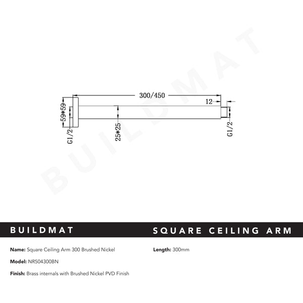 Nero Square Ceiling Arm 300mm Brushed Nickel