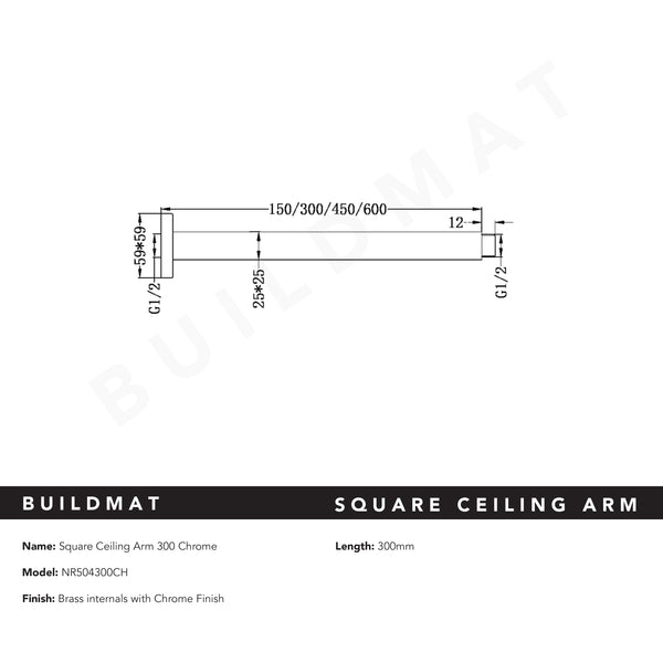 Nero Square Ceiling Arm 300mm Chrome