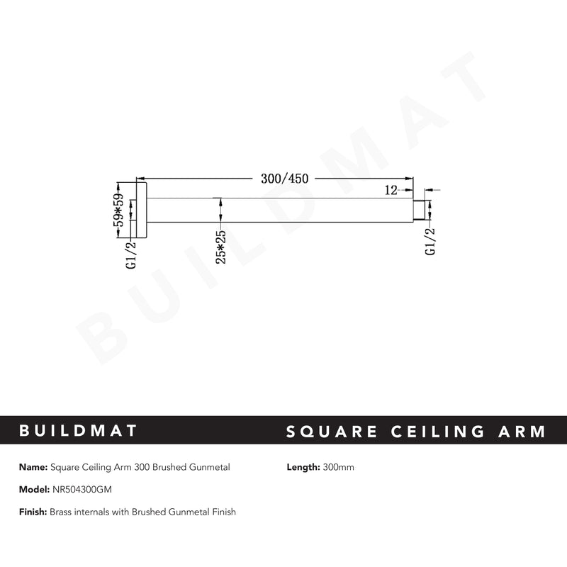 Square Ceiling Arm 300mm Brushed Gunmetal