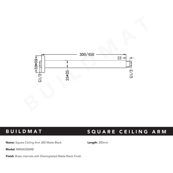 Nero Square Ceiling Arm 300mm Matte Black