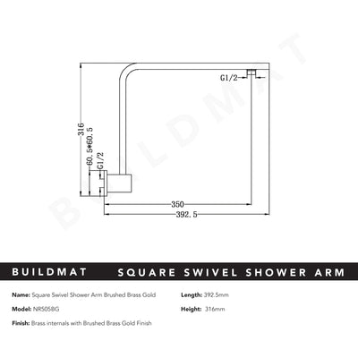 Square Swivel Shower Arm Brushed Gold