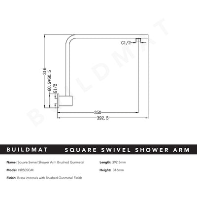 Square Swivel Shower Arm Brushed Gunmetal