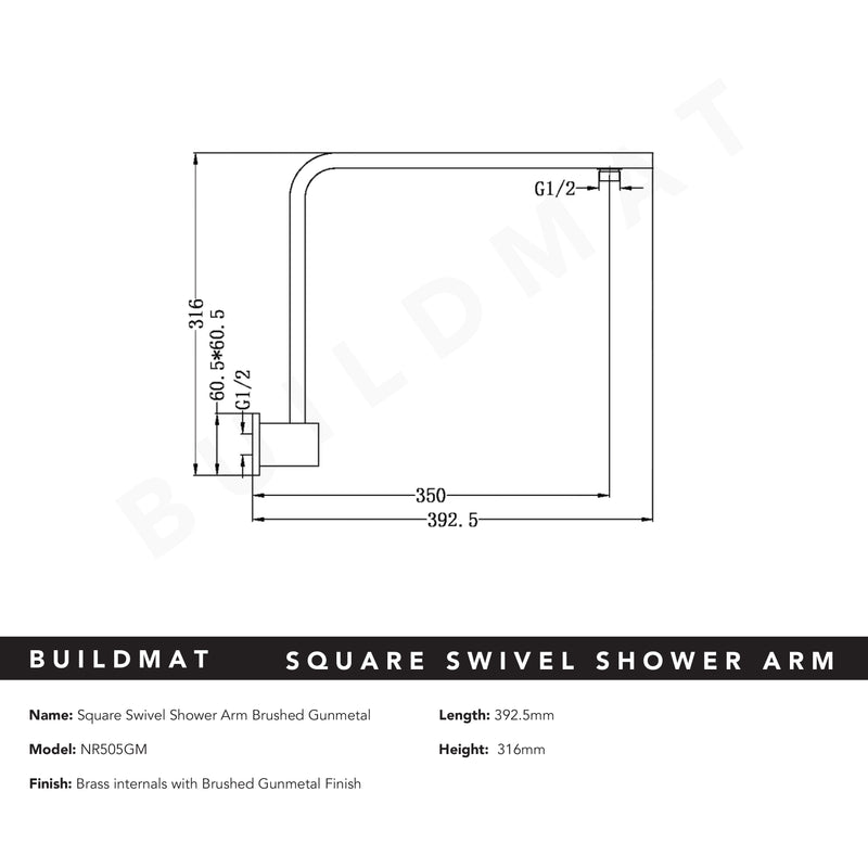 Square Swivel Shower Arm Brushed Gunmetal
