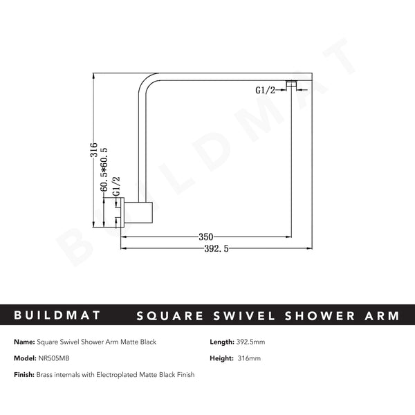 Nero Square Swivel Shower Arm Matte Black