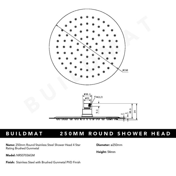 Nero 250mm Round Stainless Steel Shower Head 4 Star Rating Brushed Gunmetal