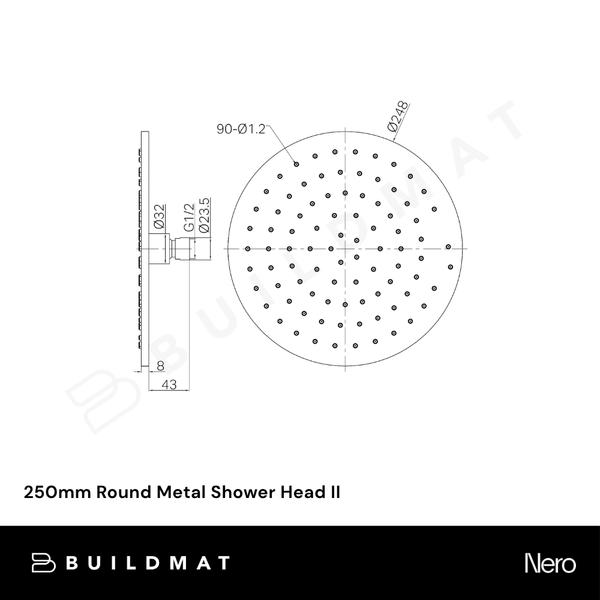 Nero 250mm Round Metal Shower Head II Brushed Nickel