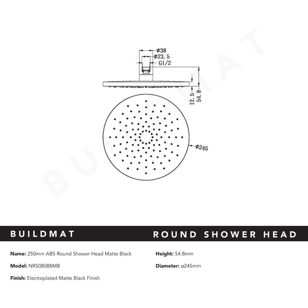 Nero Round ABS Shower Head 250mm Matte Black