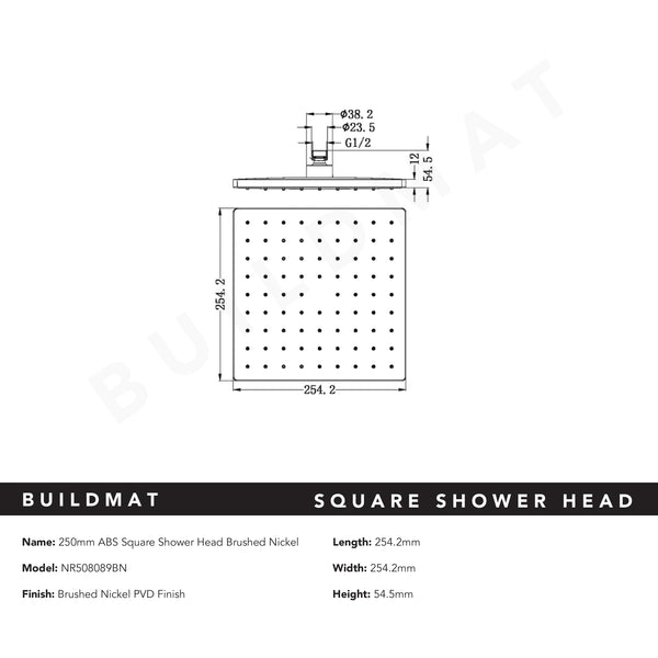 Nero Square ABS Shower Head 250mm Brushed Nickel
