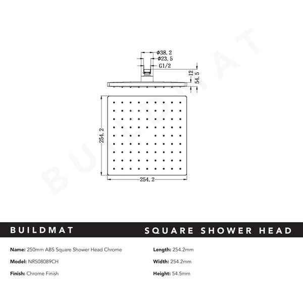 Nero Square ABS Shower Head 250mm Chrome