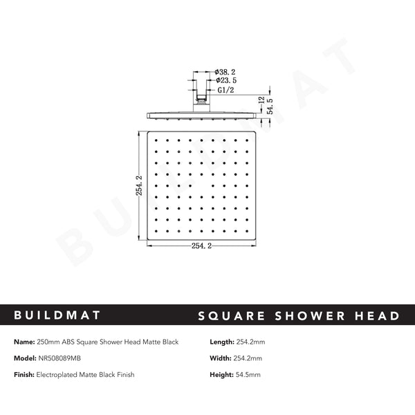 Nero Square ABS Shower Head 250mm Matte Black
