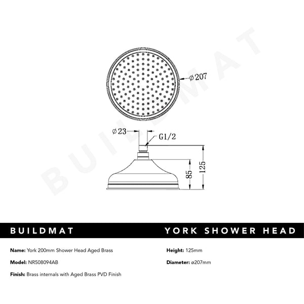 Nero York Shower Head 200mm Aged Brass