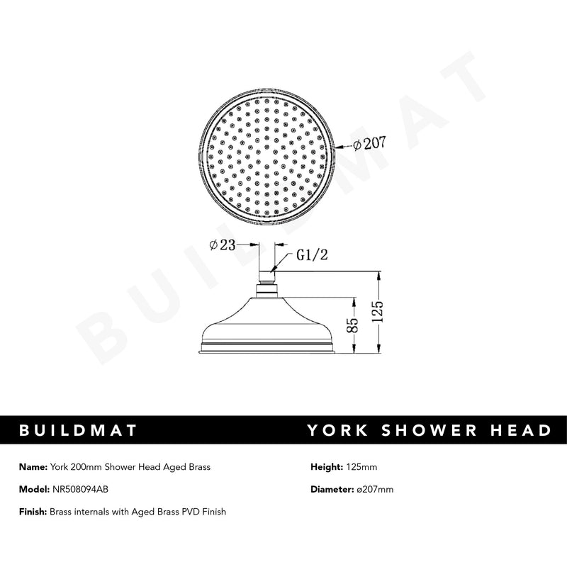 York Shower Head 200mm Aged Brass