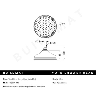 York Shower Head 200mm Matte Black