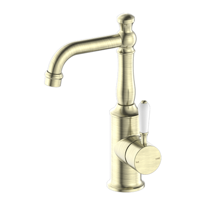 Nero York Basin Mixer with White Porcelain Lever Aged Brass