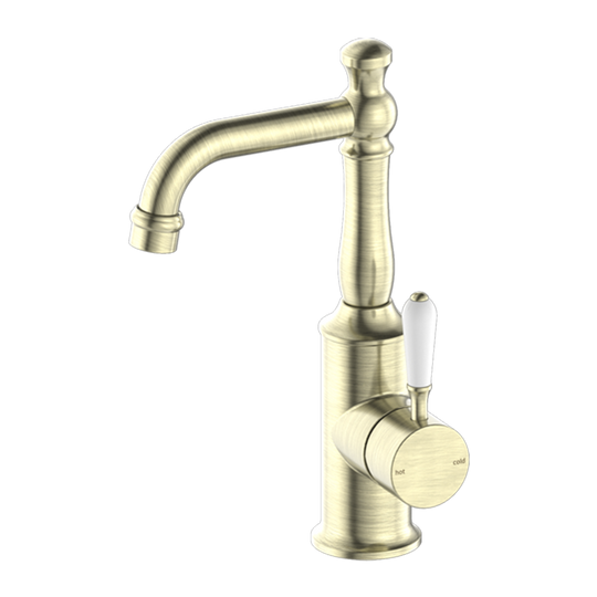 Nero York Basin Mixer with White Porcelain Lever Aged Brass