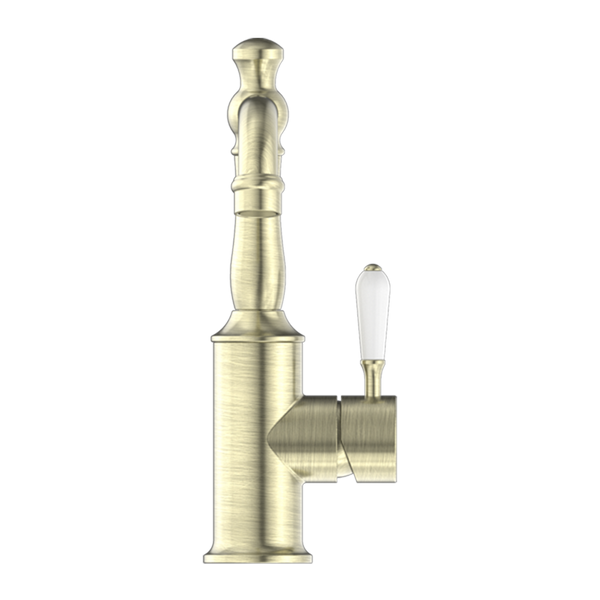 Nero York Basin Mixer with White Porcelain Lever Aged Brass