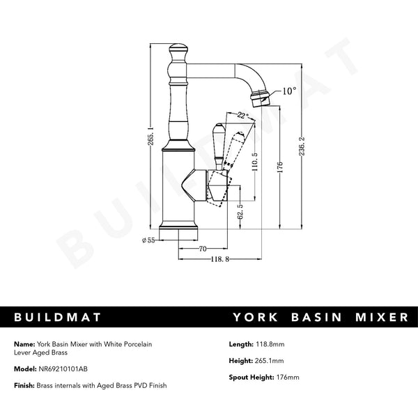 Nero York Basin Mixer with White Porcelain Lever Aged Brass