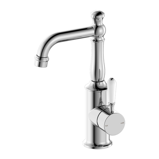 Nero York Basin Mixer with White Porcelain Lever Chrome