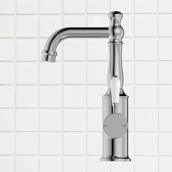 Nero York Basin Mixer with White Porcelain Lever Chrome