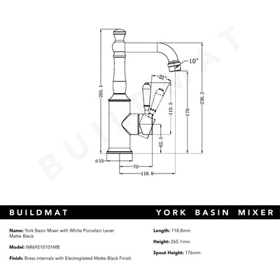 York Basin Mixer with White Porcelain Lever Matte Black