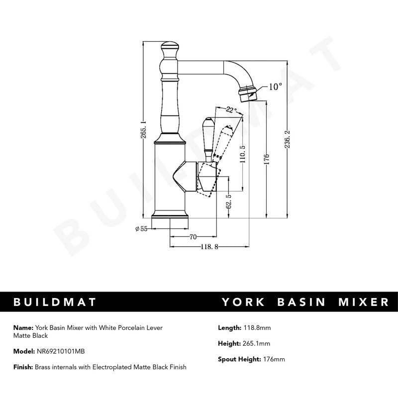 York Basin Mixer with White Porcelain Lever Matte Black