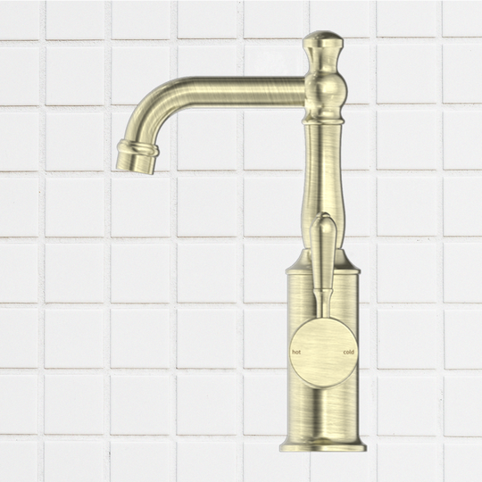 Nero York Basin Mixer with Metal Lever Aged Brass