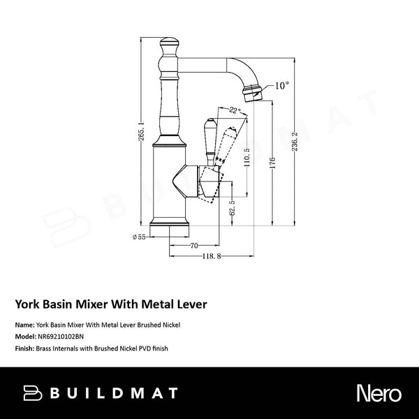 Nero York Basin Mixer with Metal Lever Brushed Nickel